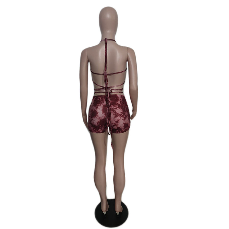 Sexy Print Sling Vest Drawstring Shorts Two Piece Set QXTF 8880