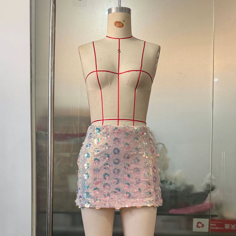 Pink Floral Sequin Mini Skirt GOLB SU4260