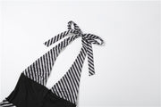 V Neck Patchwork Halterneck Tie Up Seventh Jumpsuit GZJQ K6Q05199A