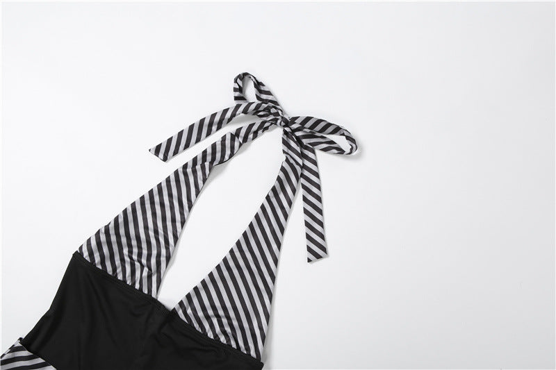 V Neck Patchwork Halterneck Tie Up Seventh Jumpsuit GZJQ K6Q05199A