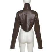 High Neck Solid Color Short Zipper PU Leather Jacket XEF K25C84468