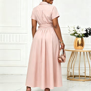 Plus Size Lapel Short Sleeve Tie Up Midi Dress GCZF 8662
