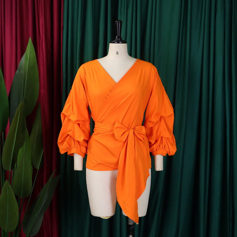 Sexy Tie Up Bubble Sleeve V Neck Blouse GCZF 8620