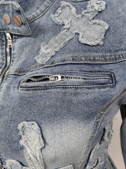 Denim Embroider Jackets And Skirt Two Piece Set MEM 88539