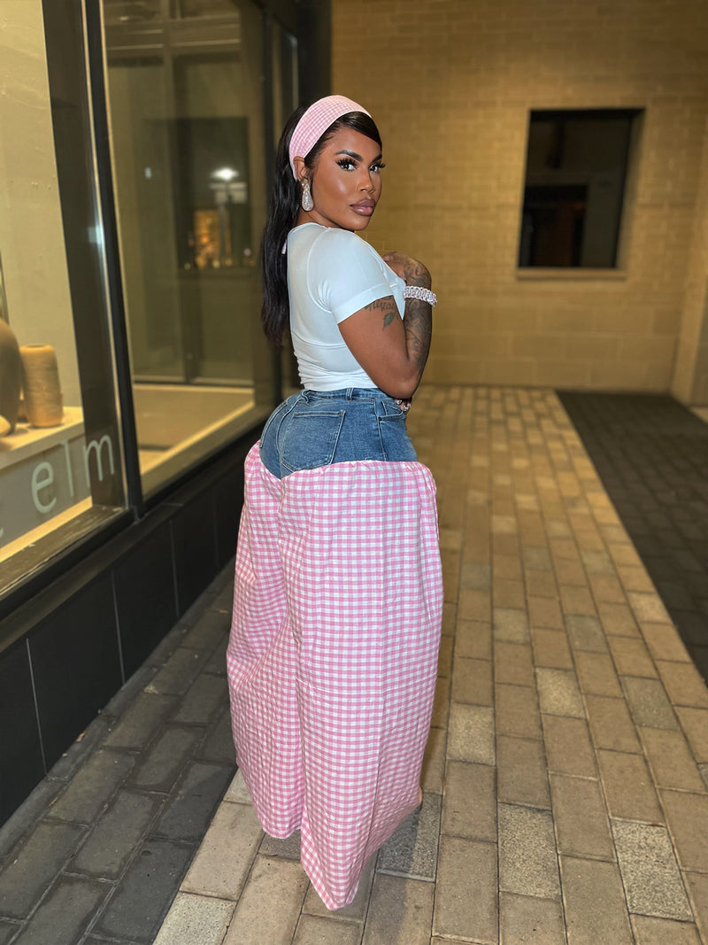 Denim Patchwork Plaid Loose Wide Leg Pants SFY 737