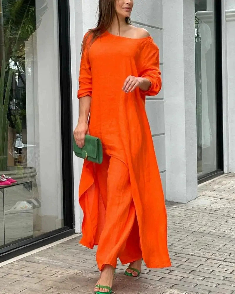 Plus Size Solid Color Long Sleeve Irregular Two Piece Pants Set GYJY W0839