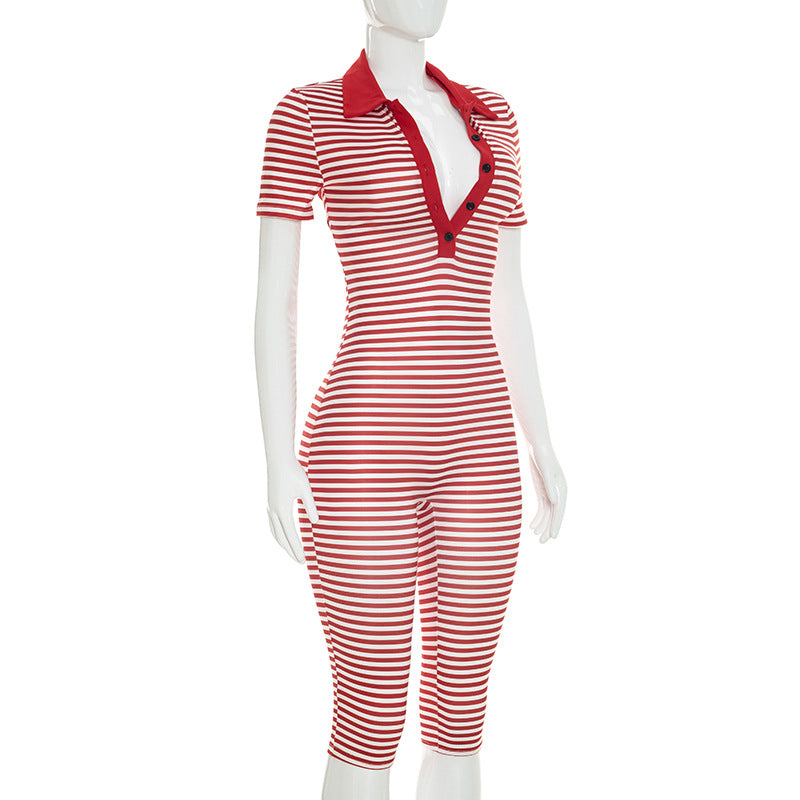 Stripe Print Lapel Seventh Jumpsuit MXBF D26JP197