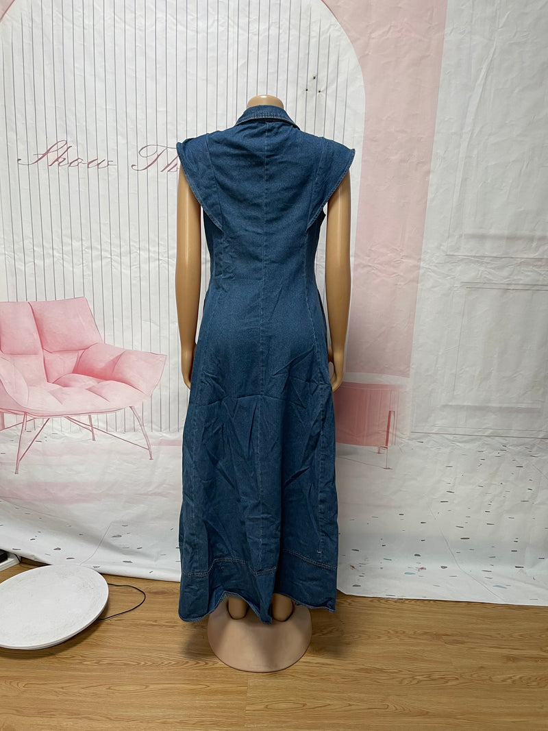 Single Breasted Lapel Denim Loose Maxi Dress SFY 875