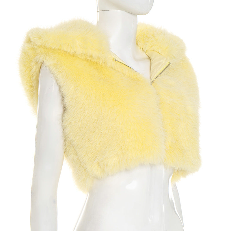 Solid Color Fur Zipper Hooded Short Jacket GDSF J25TP213