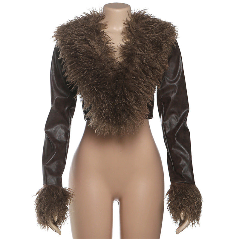 Fur Patchwork Leather V Neck Coat DLSF K25L85062