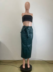 Split Half PU Leather Skirt With Belt QODY 6005