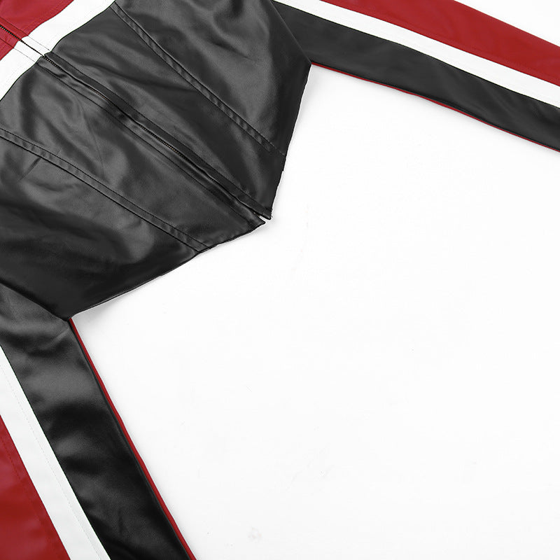 Fashion Contrast Color Short Leather Coat FL YY23427