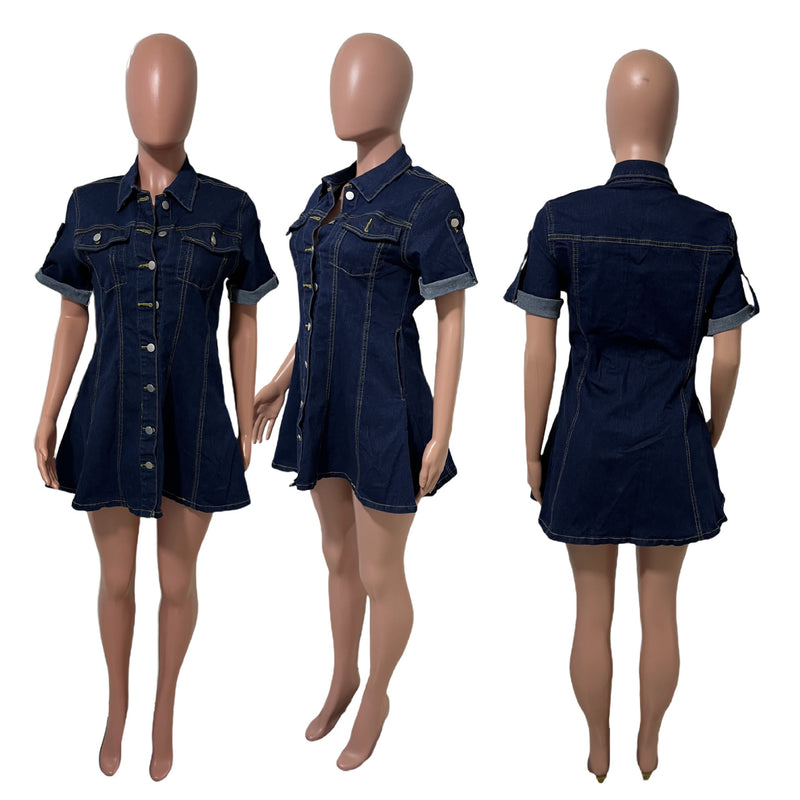 Short Sleeve Single Breasted Denim MIni Dress LX 6081