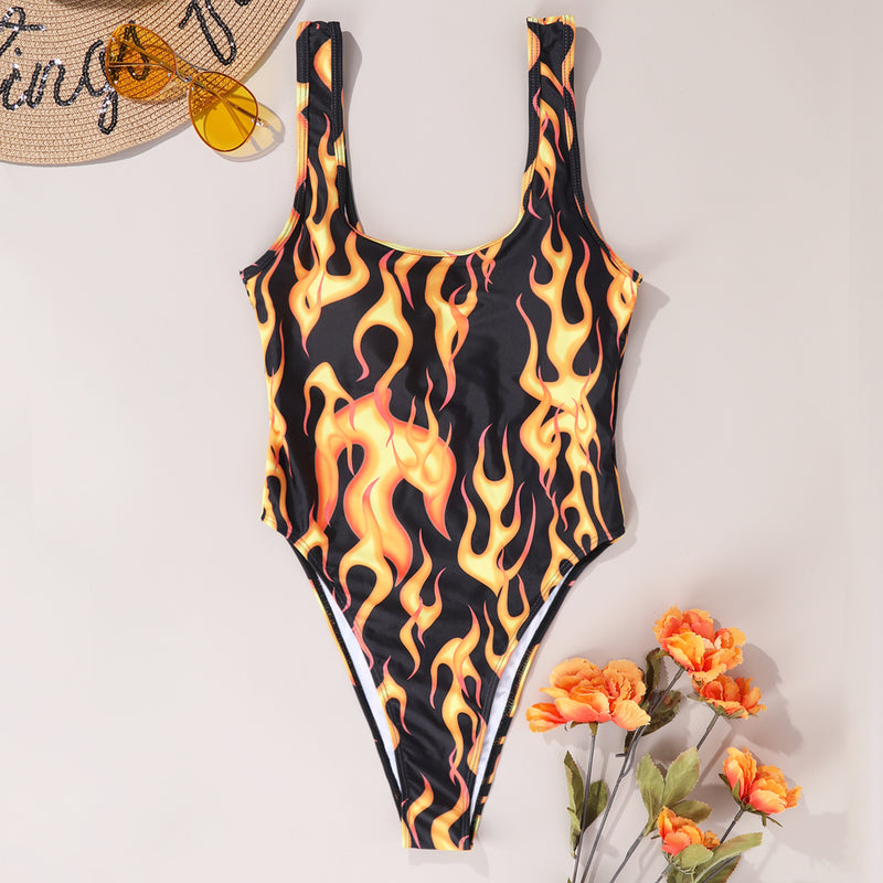 Flame Print Sleeveless One Piece Swimsuit DYSC DY9108031