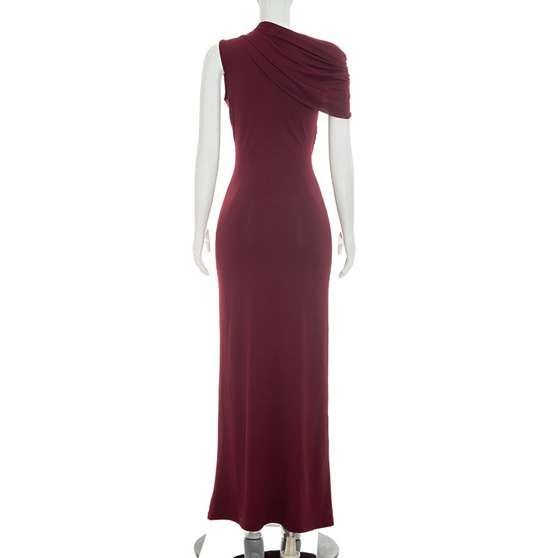 Solid Color Single Shoulder Hollow Out Maxi Dress GSZM D26DS216