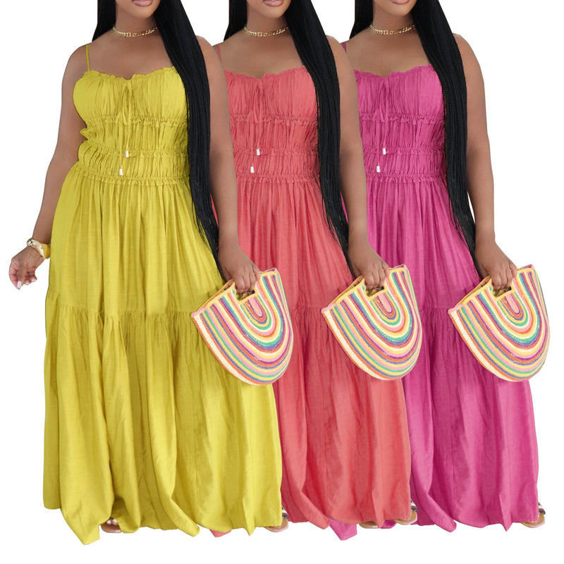 Solid Color Ruched Sling Maxi Dress AIL 349