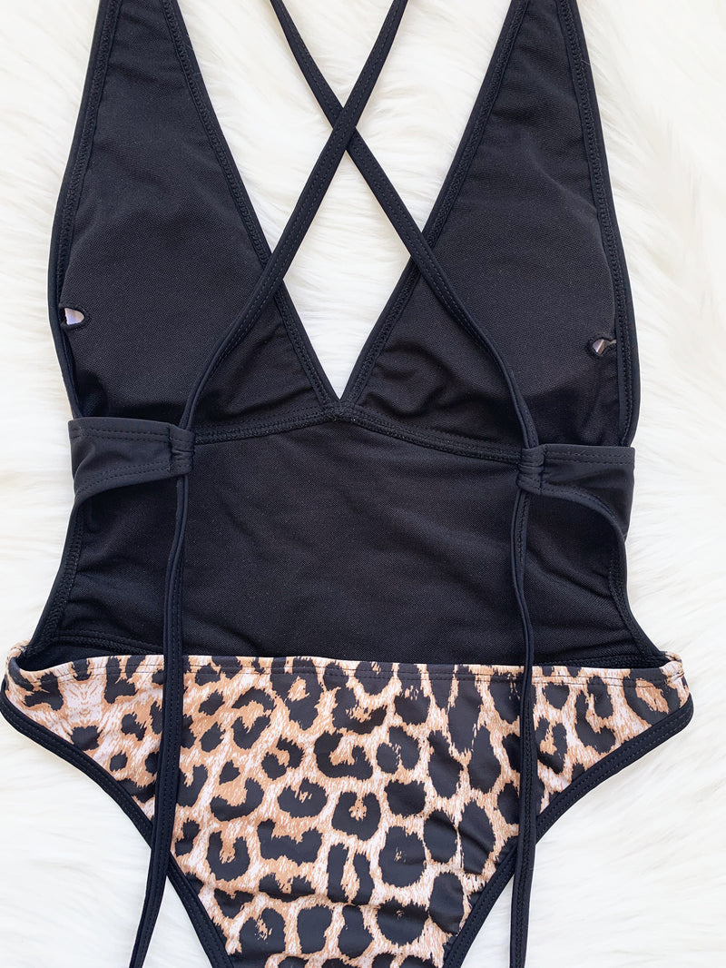 Leopard V Neck Bandage One Piece Swimsuit CASF 6316