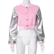 Color Block Short PU Leather Baseball Coat GSZM K23TP377