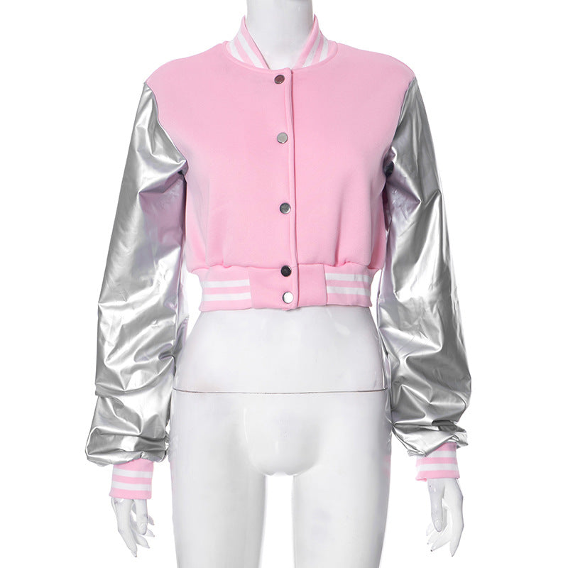 Color Block Short PU Leather Baseball Coat GSZM K23TP377
