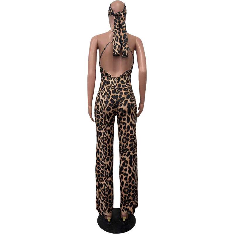 Leopard Print Sling Jumpsuit With Headscarf OD 8547
