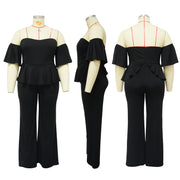 Plus Size Off Shoulder Short Sleeve Wide Leg Jumpsuit NNWF 7797