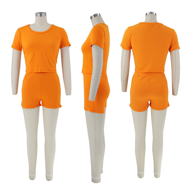 Casual Solid Sport Short Sleeve Shorts Two Piece Set SFY 2305