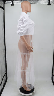 Mesh Patchwork Puff Sleeve Shirt XHXF 935