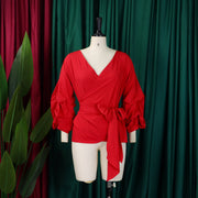Sexy Tie Up Bubble Sleeve V Neck Blouse GCZF 8620