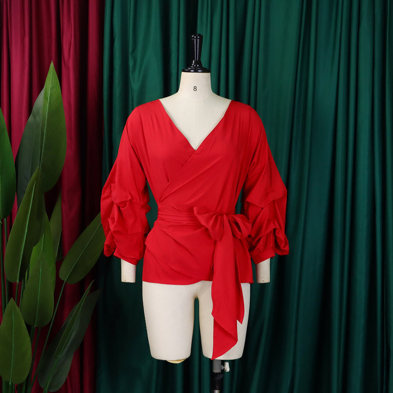 Sexy Tie Up Bubble Sleeve V Neck Blouse GCZF 8620