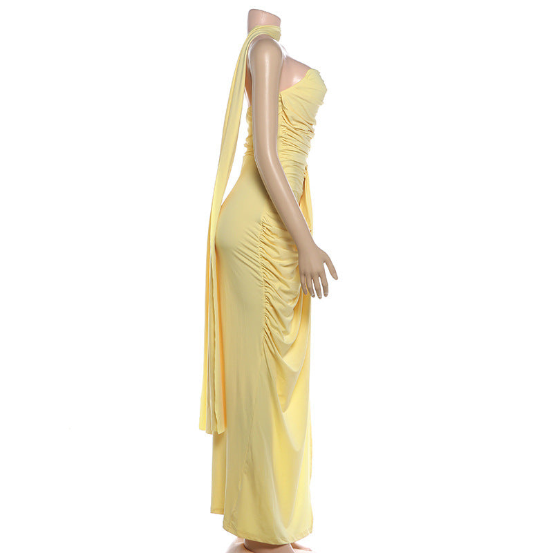 Solid Color Ruched Split Tube Top Maxi Dress GYME K6D05862A