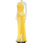 Lace Patchwork Halterneck Split Maxi Dress GDSF D26DS201