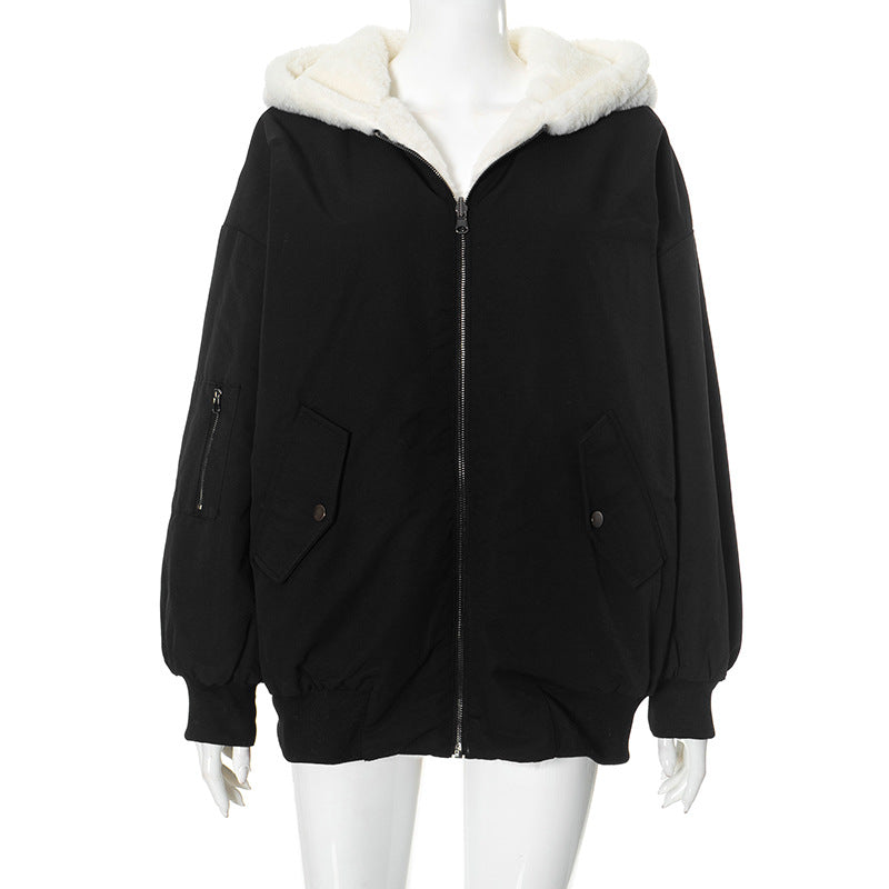 Solid Color Hooded Zipper Plush Jacket GSZM ZTP1449
