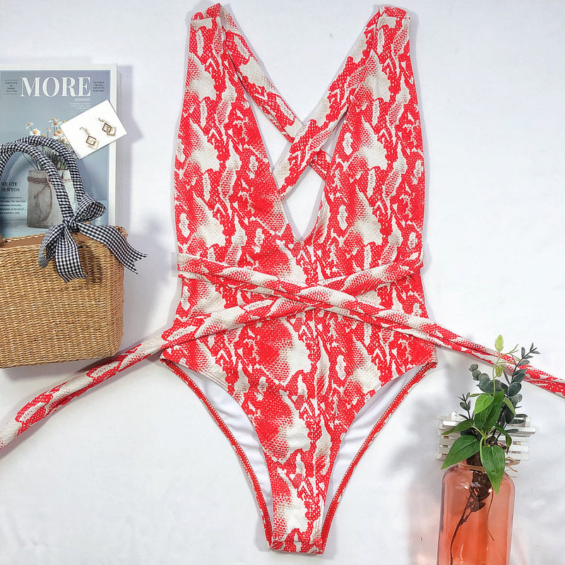 Print Tie Up One Piece Swimsuit CSYZ B03