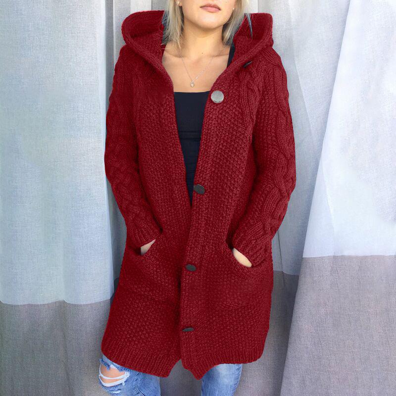 Plus Size Hooded Single Breasted Knit Long Sleeve Coat GBLH 3355