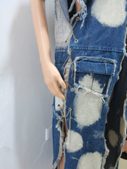 Fashion Chain Patchwork Sleeveless Denim Split Long Coat CM 8696