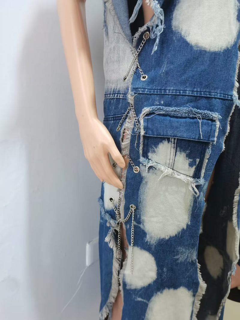 Fashion Chain Patchwork Sleeveless Denim Split Long Coat CM 8696