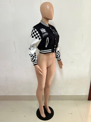 Ribbed Color Block Print Baseball Jacket YNSF 2663