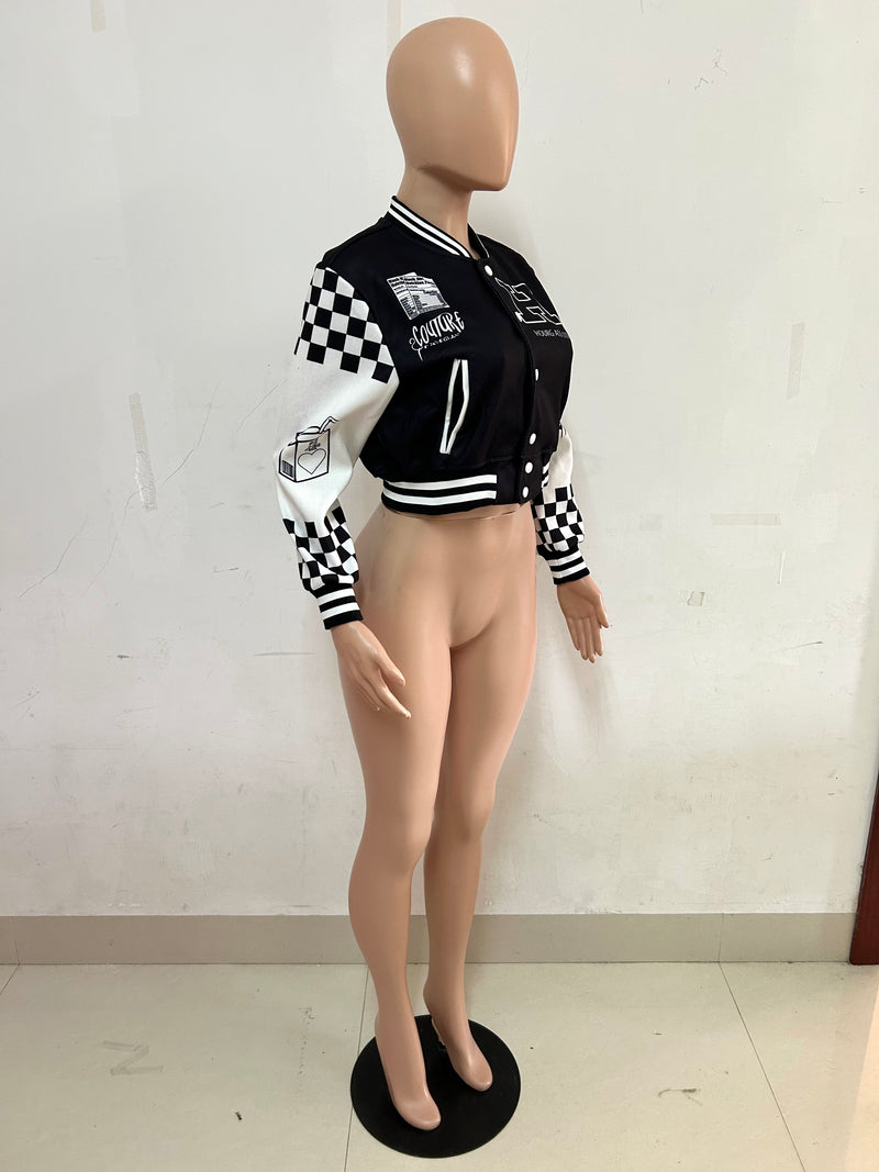 Ribbed Color Block Print Baseball Jacket YNSF 2663