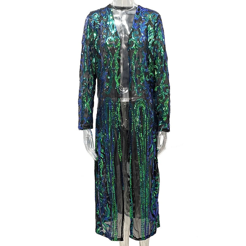 Plus Size Sequin Embroidered See Through Cardigan Coats GMMD 8088