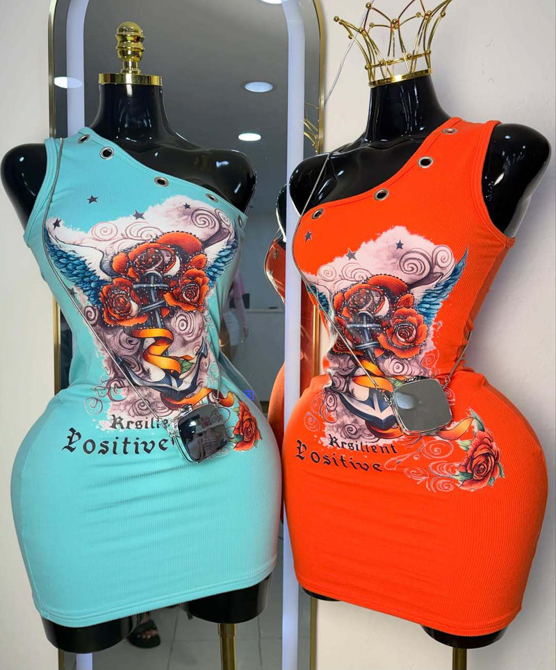 Print Slash Shoulder Mini Dress GFCF 1519