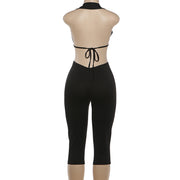 Deep V Neck Solid Color Tight Fifth Jumpsuit DLSF K6Q00634A
