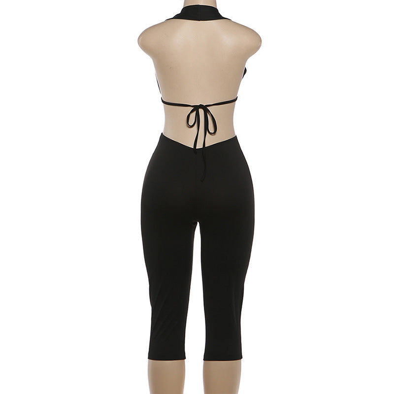 Deep V Neck Solid Color Tight Fifth Jumpsuit DLSF K6Q00634A