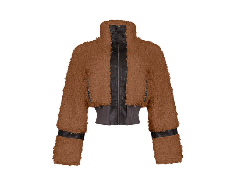 Faux Fur Collar Patchwork Leather Jacket with Lining YMEF 58015
