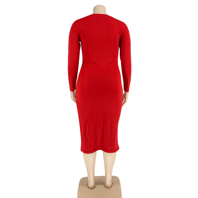 Plus Size 5XL Solid Color Long Sleeve Skinny Bodycon Midi Dress Without Belt OSIF 20972