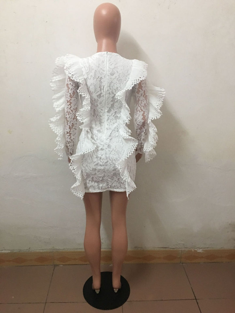 Long Sleeve Ruffles Bodycon Lace Dress LX 3081