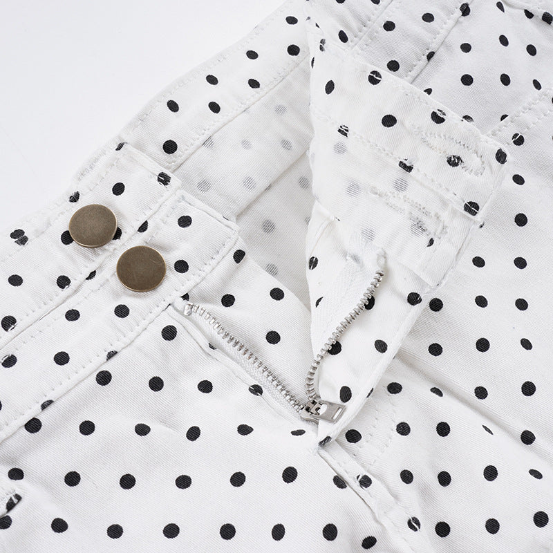 Polka Dots Print Denim Shorts GPKJ MR48798