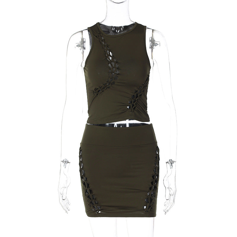 Solid Color Hollow Out Sleeveless Two Piece Skirt Set BLG S3211721K