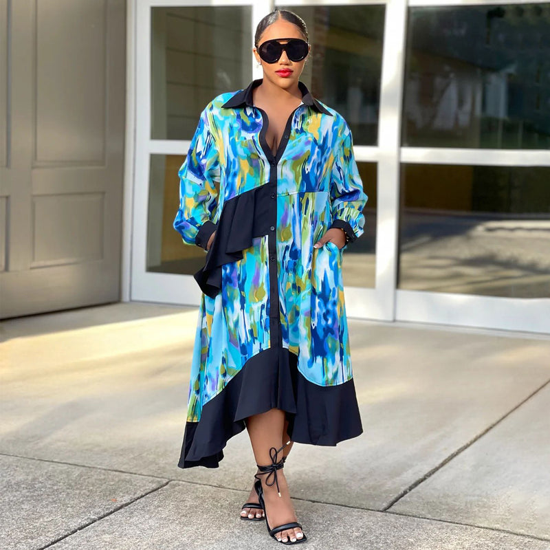 Plus Size Print Irregular Loose Shirt Dress NNWF 8028