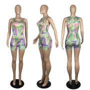 Sexy Printed Sleeveless Bodysuit Shorts Two Piece Sets CHY 1335