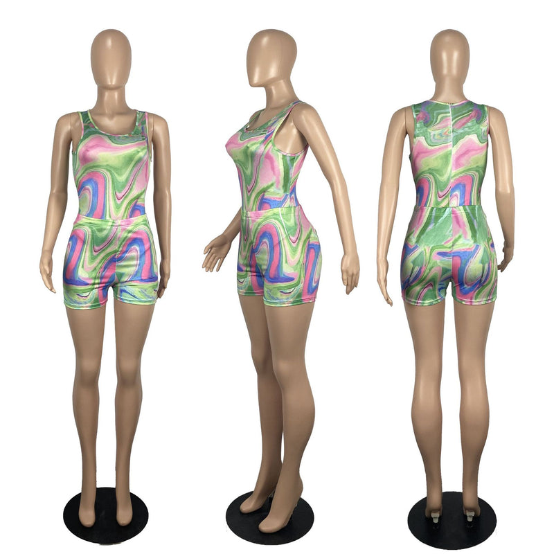 Sexy Printed Sleeveless Bodysuit Shorts Two Piece Sets CHY 1335